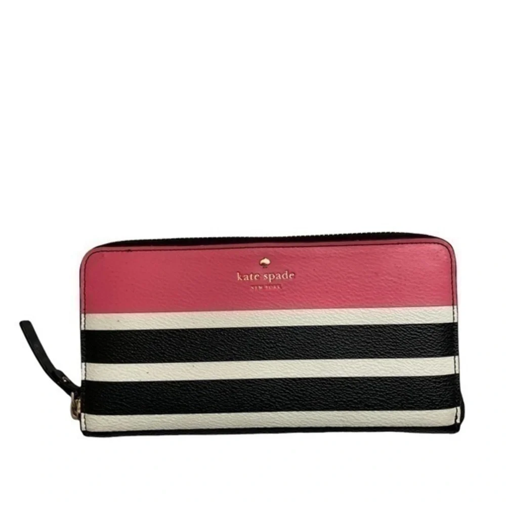 Kate spade black pink white striped zipper clutch wallet
